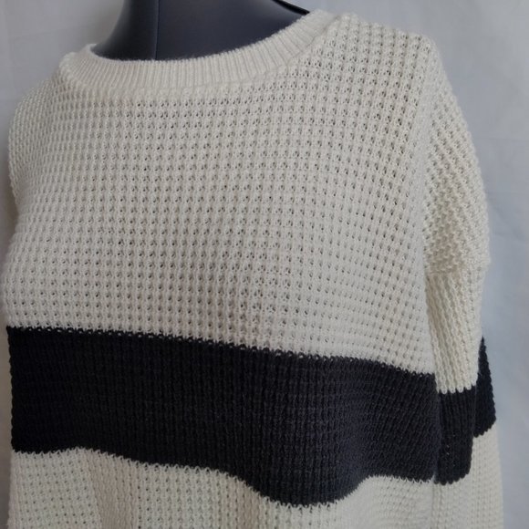 XXI Forever 21 Sweater Boxy Chunky Size S Black Off White Stripe Relaxed Cozy - Picture 7 of 14